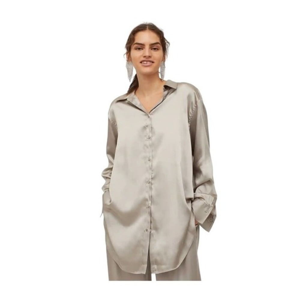 H&M Satin Shirt Dress Dusty Green Flowy Mini Long Sleeve V-Neck XL